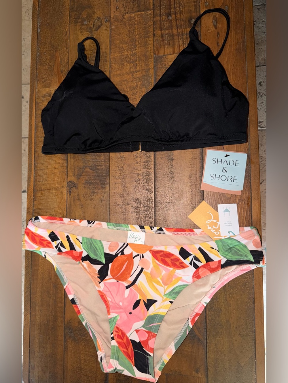 Shade & Shore Black Triangle Top with Colorful Floral Bikini Bottoms